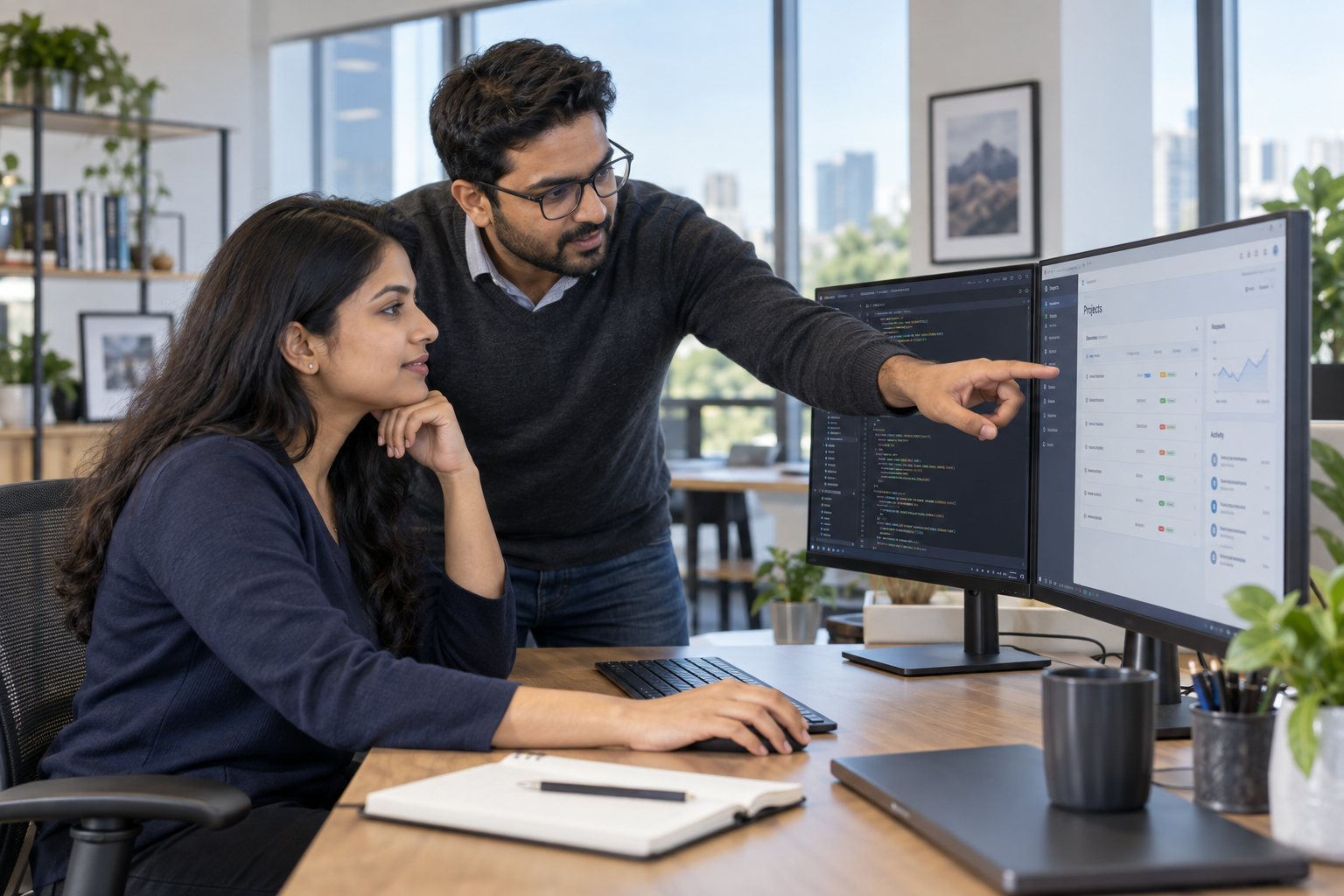 Engineers reviewing software at a workstation; illustrative image