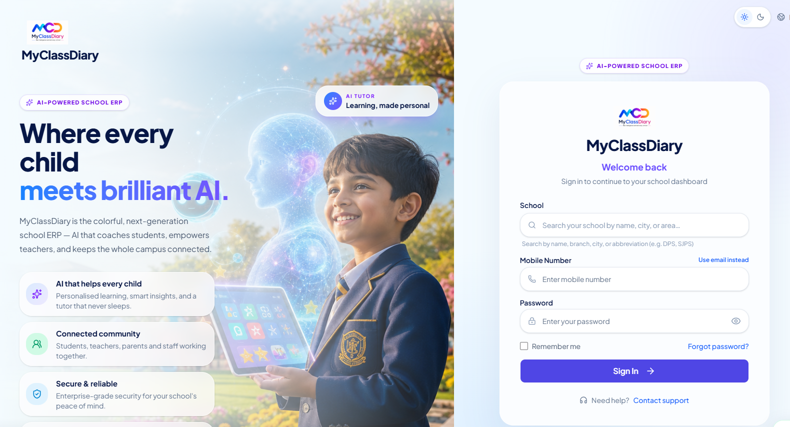 MyClassDiary product login screen